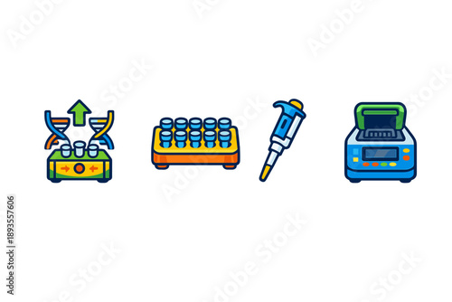 Lab equipment for scientific experiments including centrifuge, test tube rack, pipette, and vortex mixer used daily in research laboratories