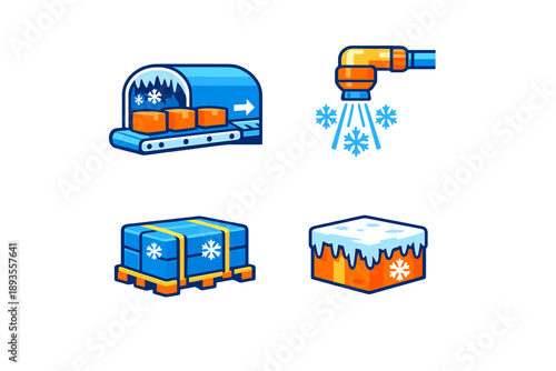 Conveyor belt moves frozen blocks while spray nozzle cools items at cold storage facility during busy operational hours