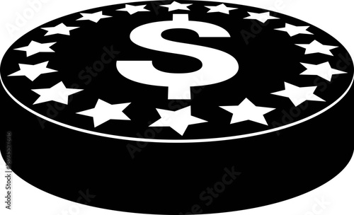 Angled Black Dollar Token Icon with Star Border Minimalist 3D Coin Symbol for Financial Transactions Banking and Cryptocurrency Concept