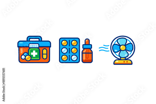 First aid kit, medicine box, and electric fan set on a flat surface with simple designs showcasing essential health items and cooling devices