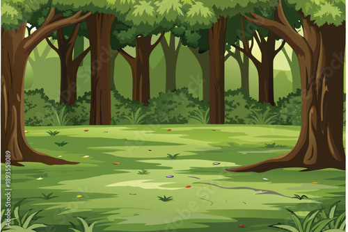 A lush vibrant forest scene with tall trees and a grassy clearing high quality
