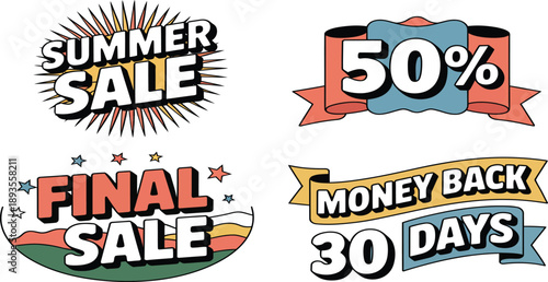Collection of four colorful retro graphic sale badges advertises discounts and promotions effectively.