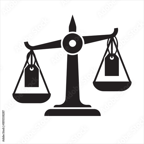 a large minimal vector icon of balance scales with price tags, solid black silhouette, centered on white background