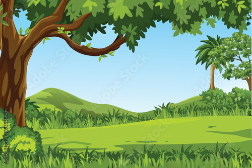 A vibrant landscape showcasing lush greenery a blue sky and distant hills high quality