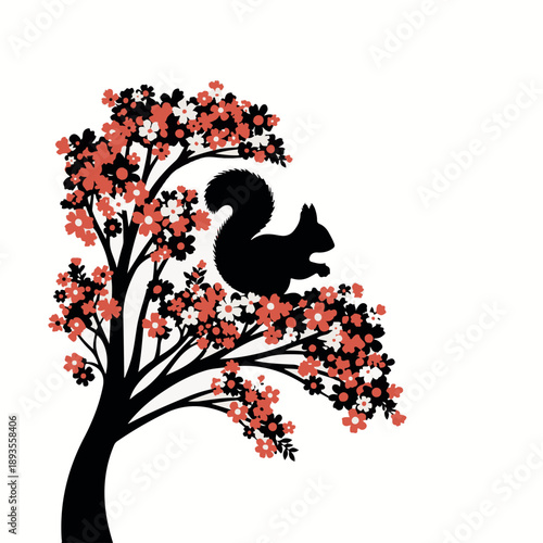 Black silhouette squirrel on flowering tree branches with red white and black flowers red flowers de