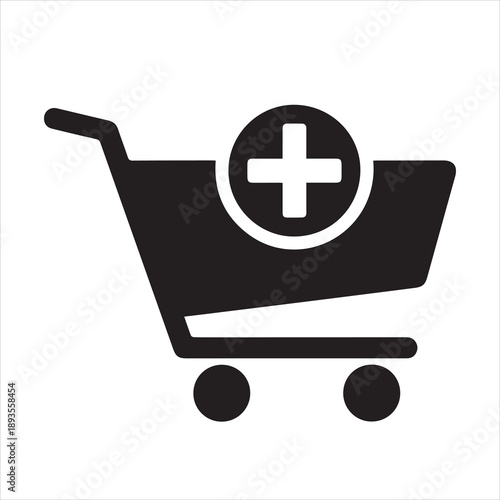 a large minimal vector icon of a cart with plus symbol, solid black silhouette, high contrast, centered on white background