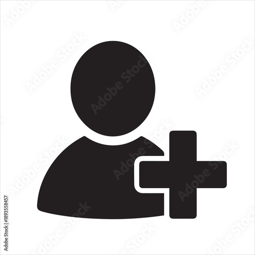 a large minimal vector icon of a user with plus sign, solid black silhouette, centered on white background