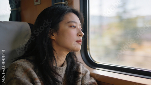 Woman gazing thoughtfully at autumn landscape from train window. Journey and travel reflection in scenic countryside. Solitude and adventure concept during fall season Free Download Woman gazing thoughtfully at autumn landscape from train window. Journey and travel reflection in scenic countryside. Solitude and adventure concept during fall season - GFXLoad