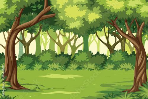 A lush vibrant forest scene depicts tall trees and a grassy clearing high quality