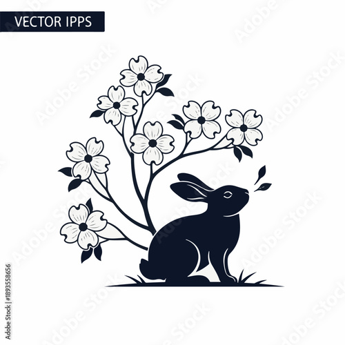 Dark blue rabbit and dogwood flowers on white background bunny bloom des
