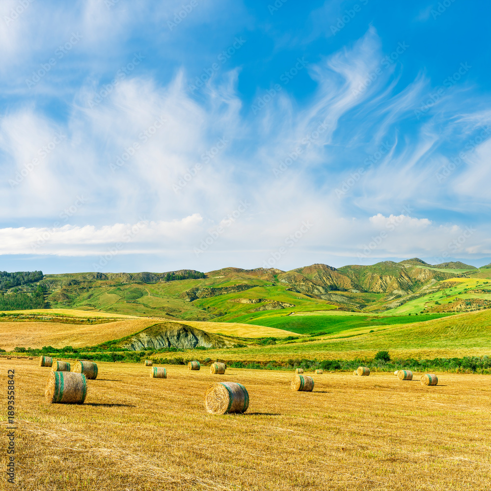 Fototapeta premium Scenic view at picturesque golden sunset valley in a green shiny field with hay stacks, bright cloudy sky , golden sun rays and beautiful hills on background, summer valley landscape