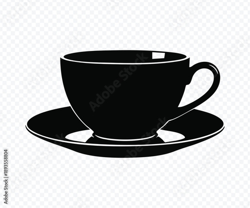 Black teacup and saucer silhouette isolated on white background isolated on transparent background