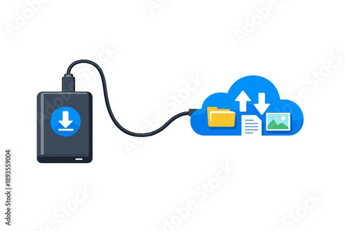 Cloud storage service shows a device connected to an online storage space for saving files and documents