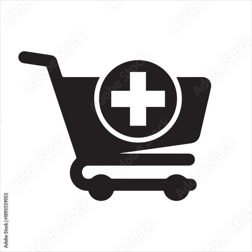 a large minimal vector icon of a cart with plus symbol, solid black silhouette, high contrast, centered on white background