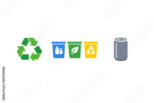 Recycling symbols and trash bins show how to sort waste at a public place with clear containers for different materials