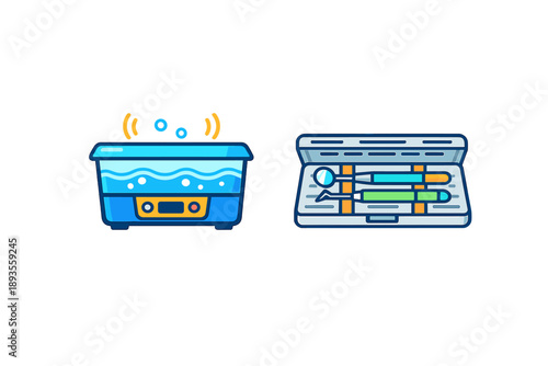 Ultrasonic cleaner and dental tools are shown on a plain background in a workspace setting during daylight