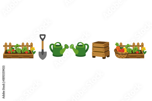 Gardening tools and supplies on display in a simple layout with items related to growing plants and vegetables
