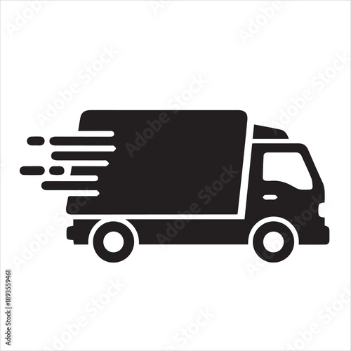 a large minimal vector icon of a delivery truck with speed lines, solid black silhouette, centered on white background