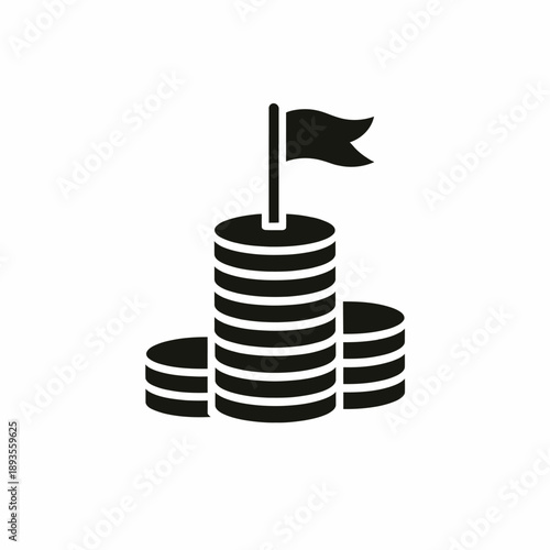 Financial achievement and investment goal represented by stacked coins with a victory flag isolated on transparent background, isolated on white background, Vector