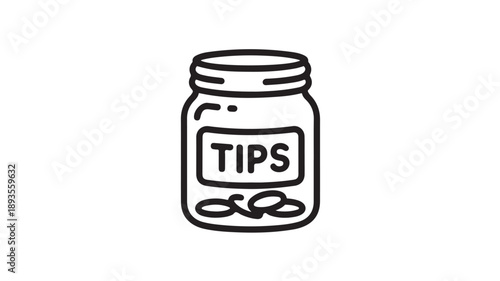 Tip Jar with Coins in Simple Line Art Style on White Background with Monochrome Color Scheme for Financial Illustration