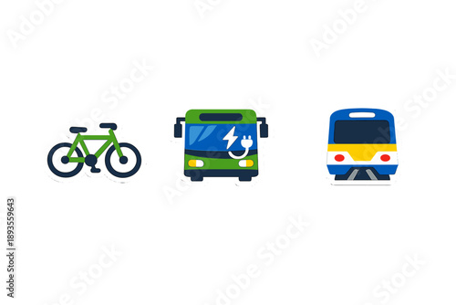 Transportation options including a bicycle, an electric bus, and a train in a city setting during daylight hours
