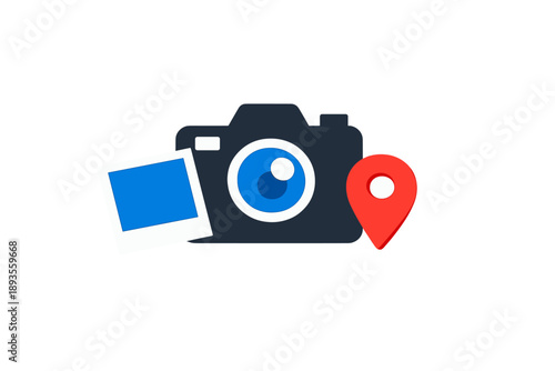 Camera with a location pin and a polaroid photo on a white background shows how to capture moments and share them with others