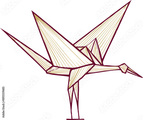  Origami crane bird icon, Japanese paper fold style, line art vector
