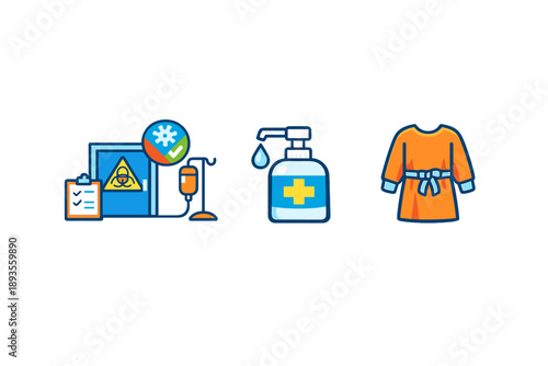 Icons showing medical equipment and health supplies for safety procedures in a medical setting during a pandemic