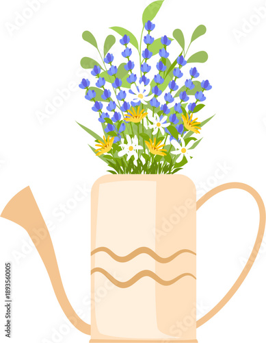 Illustration of Flowers in an Old Watering Can