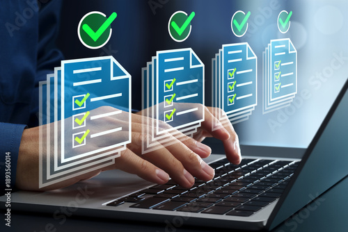 Legal document review and approval process. Automated workflow management solution. Businessman using laptop computer for regulatory compliance checks.