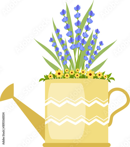 Yellow Watering Can with Lavender Flowers