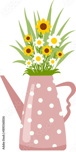 Polka Dot Watering Can with Wild Flowers
