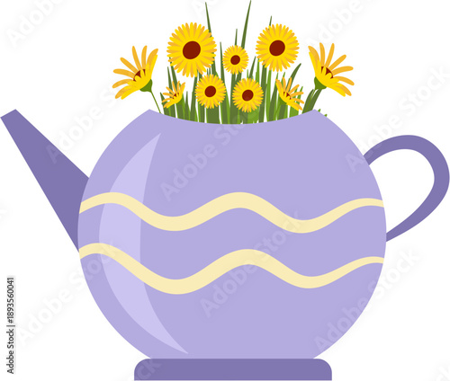 Teapot with Yellow Wild Flowers and Grass