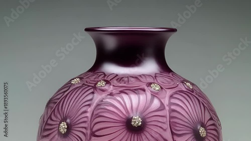 A violet, floral-patterned glass vase, textured with tiny gold-like elements