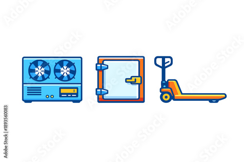 Cooler, freezer, and pallet jack display at a warehouse for transporting goods and maintaining temperature control during storage and shipping operations in logistics industry