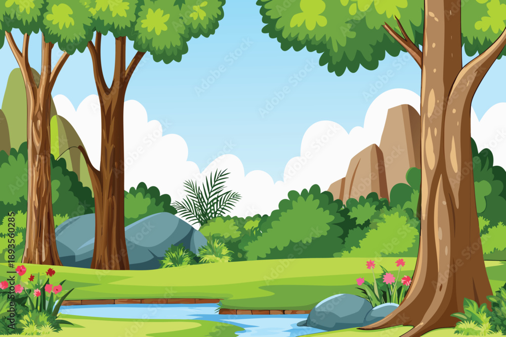 Naklejka premium A vibrant landscape depicts lush trees a small stream and distant mountains high quality