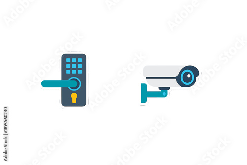 Modern security tools are shown with a digital door lock and a surveillance camera in a simple design on a light background