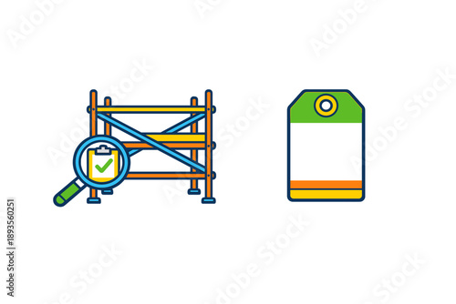 Construction site inspection occurs with scaffolding and a tag for safety purposes in a work environment during the day