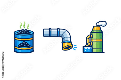 Illustration shows a process involving coal, pipes, and a liquid in a container with steam at a factory setting