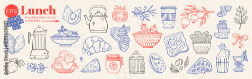 Food coffee Italian brunch set. Doodle breakfast icon - wine cocktail, pasta, pizza, lemon tea cup, egg, coffee mug, granola bowl, oyster, bow. Hand drawn cafe brunch illustration. Line vintage sketch