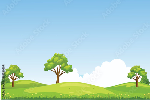 A vibrant cartoon landscape features rolling green hills and fluffy white clouds high quality
