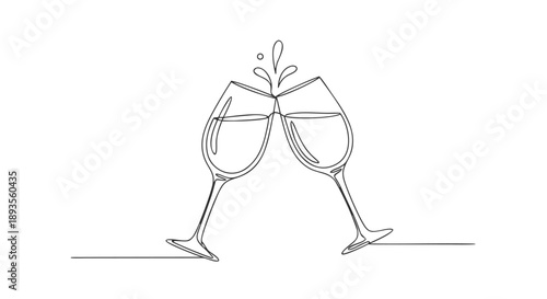 Vector illustration of two glasses clinking in celebration, a toast with splashing liquid, minimalist line art design