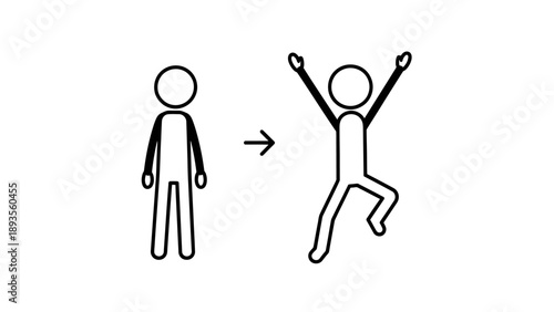 Simple stick figure transformation from neutral to joyful state.