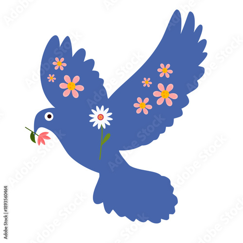 blue bird flying high carrying pink flower in beak with floral wings