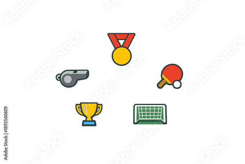 Icons of sports including a medal, whistle, ping pong paddle, trophy, and soccer goal arranged in a simple layout