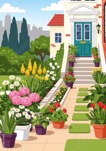 Charming front porch and garden illustration in vector art, perfect for home decor and lifestyle concepts
