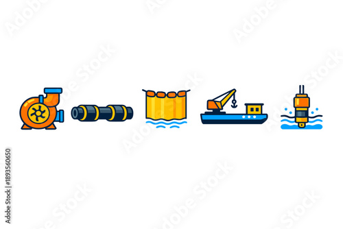 Collection of industrial equipment showing pump, pipe, barrier, crane, and buoy used in water management tasks at a dock or harbor