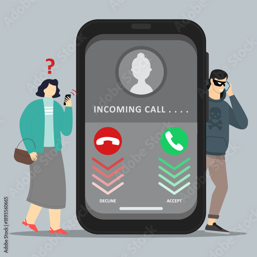Woman puzzled by suspicious incoming call from hacker, depicting phone scam risks with decline and accept options