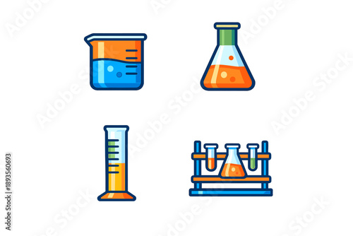 Various laboratory glassware including a beaker, flask, graduated cylinder, and test tube rack with liquids displayed in bright colors