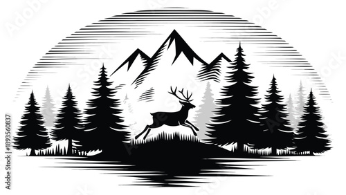 Vector illustration of deer running in forest with mountains
